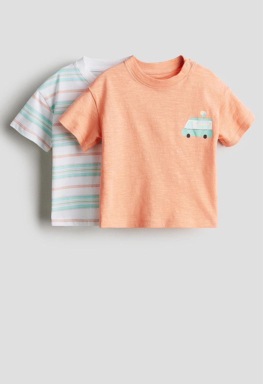 H&M - 2-Pack printed cotton T-shirts - peach striped 