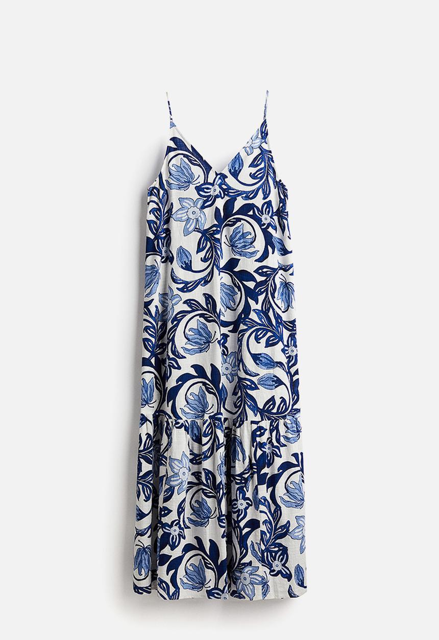H&M - Long a-line dress - white & blue floral
