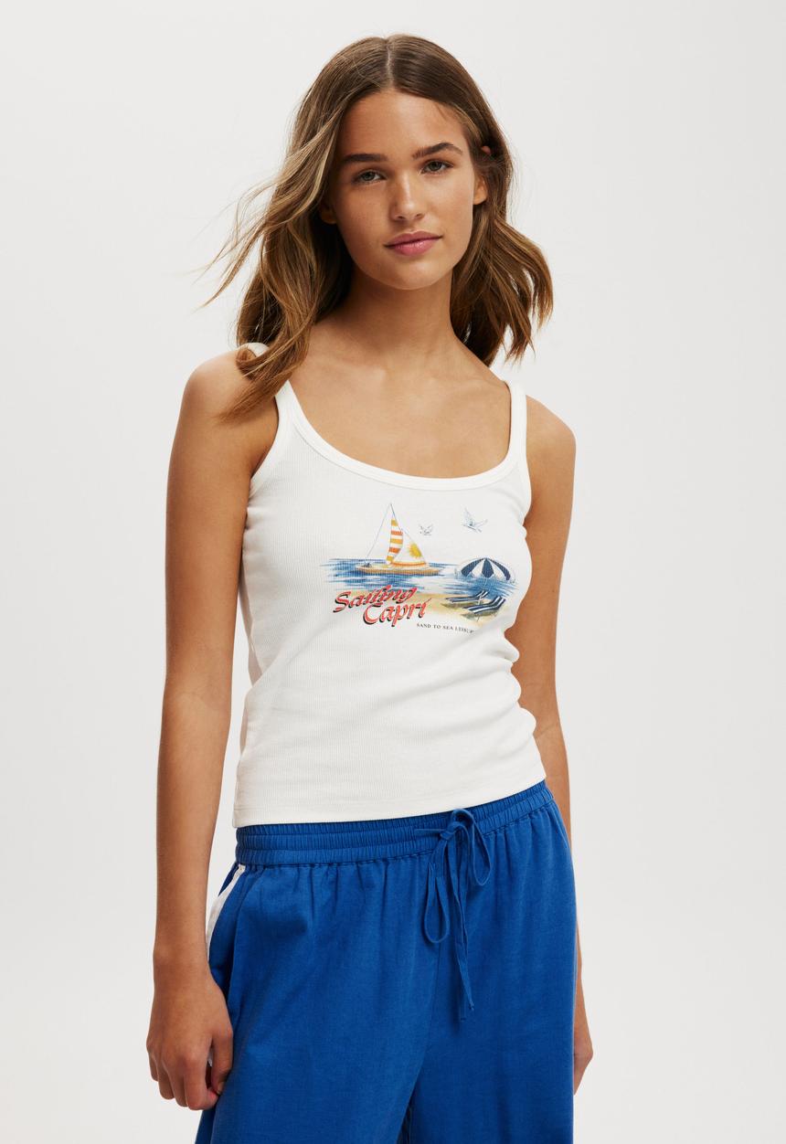 Cotton On - Scoop Neck Graphic Cami - Sailing Capri/Vintage White