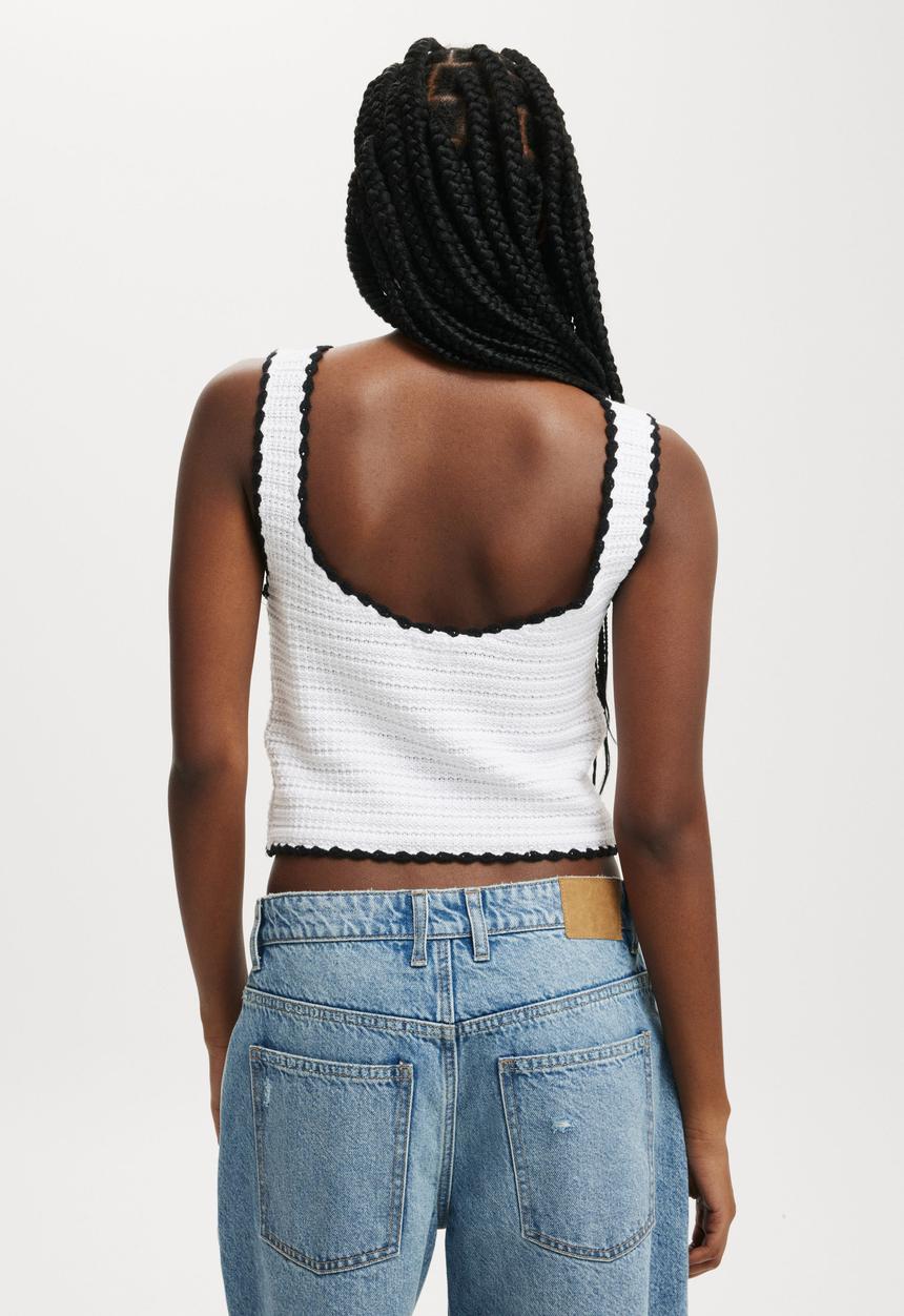 Cotton On - Crochet Boatneck Low Back Tank - White