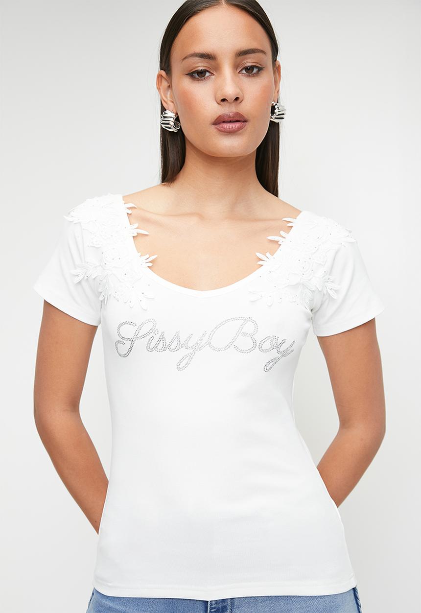 SISSY BOY - Midday: Bling Logo Top With Lace - White