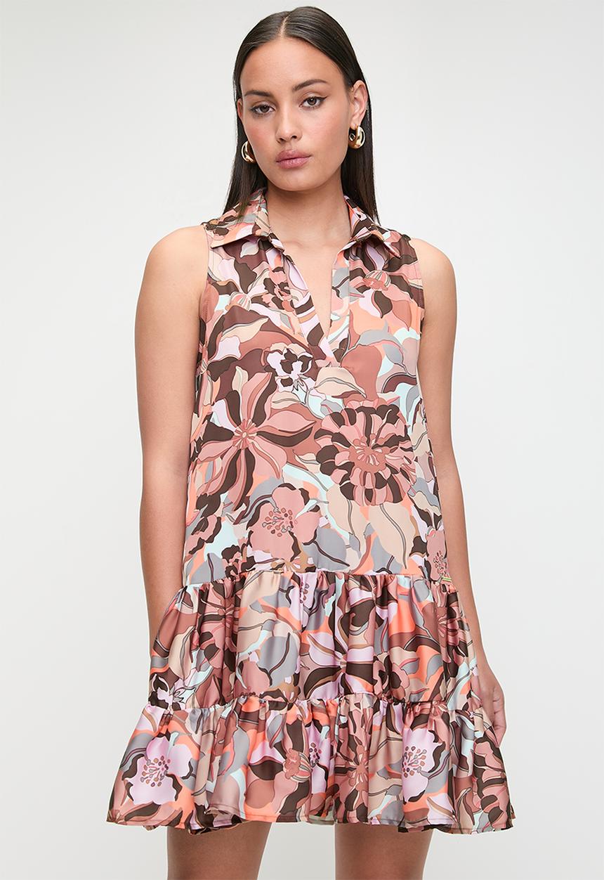 SISSY BOY - Tier And Now: Sleeveless Printed Satin Dress With Tiers - Brown Multi