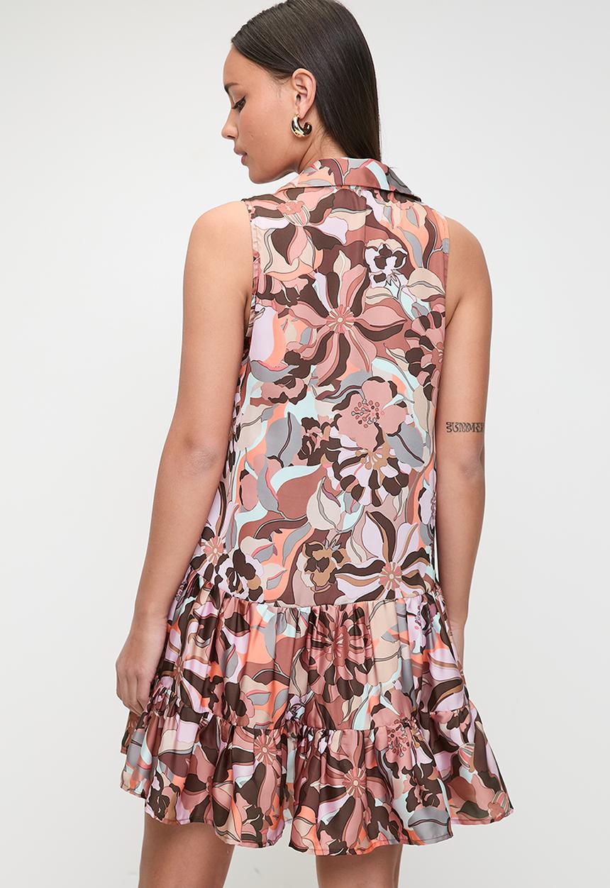 SISSY BOY - Tier And Now: Sleeveless Printed Satin Dress With Tiers - Brown Multi