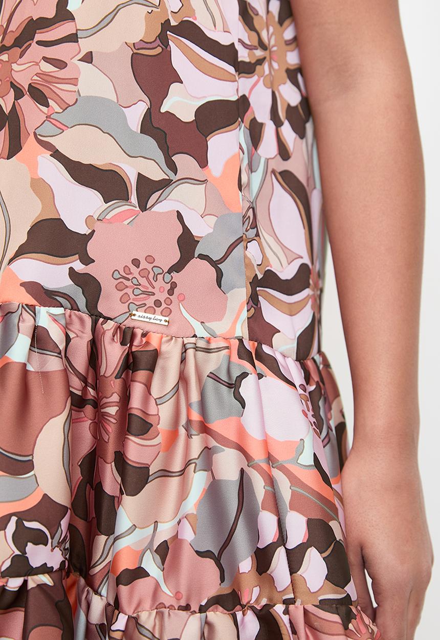 SISSY BOY - Tier And Now: Sleeveless Printed Satin Dress With Tiers - Brown Multi