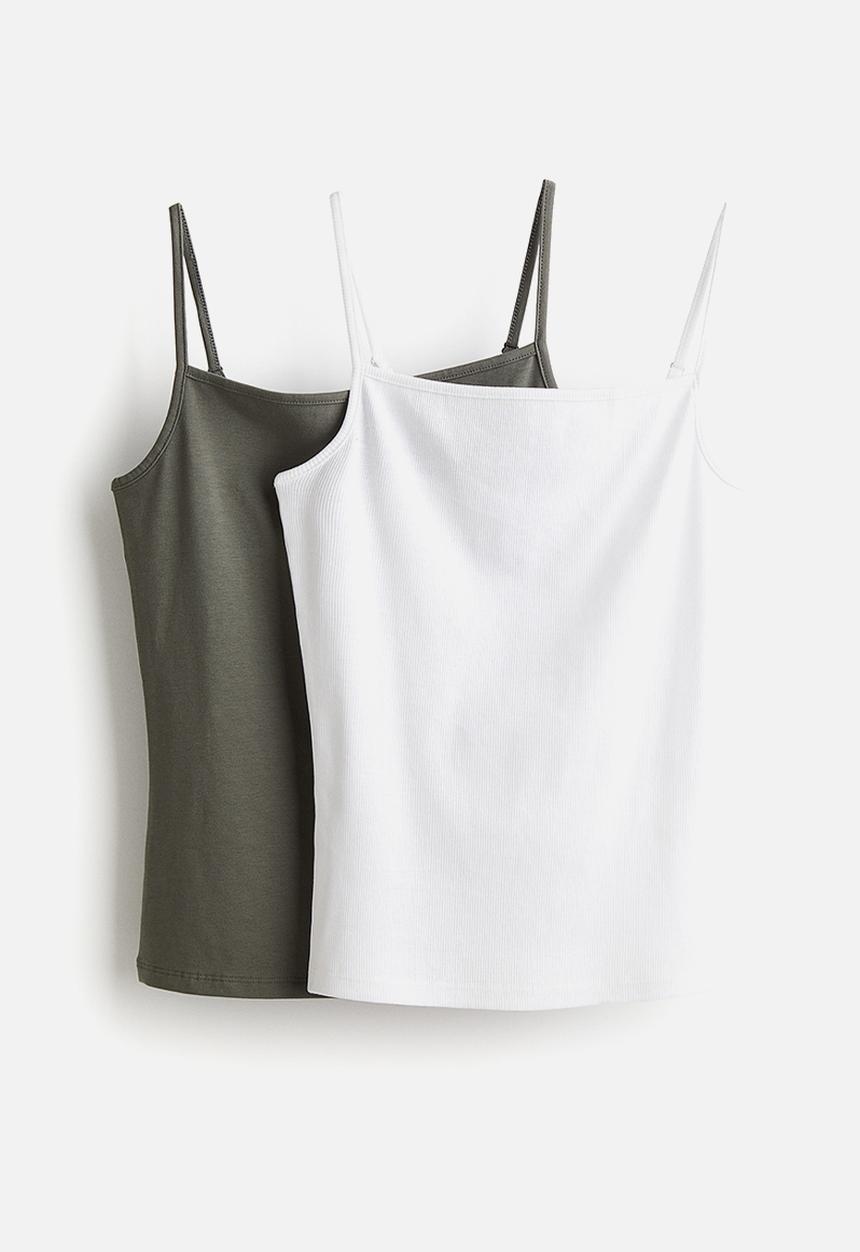 H&M - 2 pack strappy tops - khaki green & white