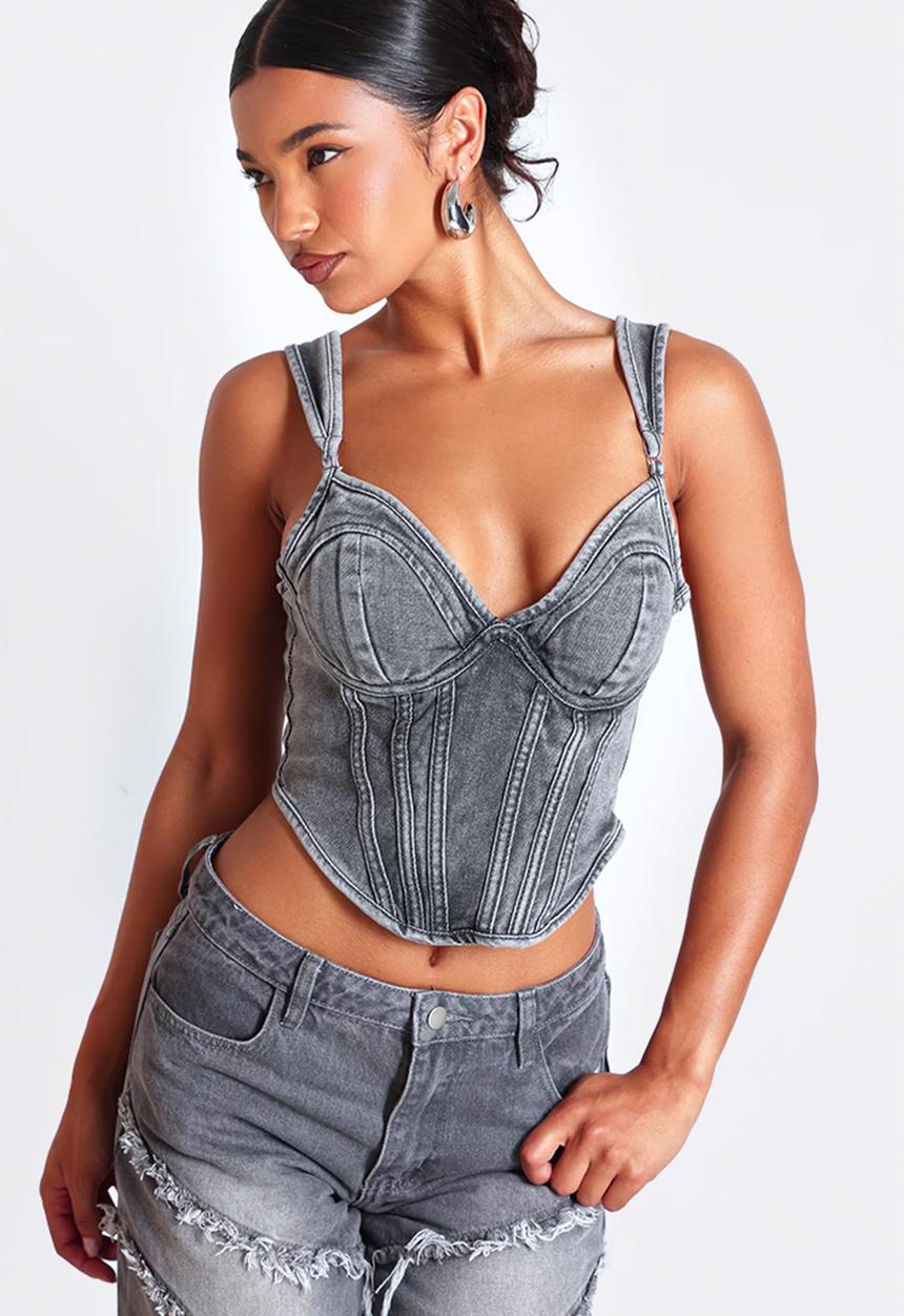 PrettyLittleThing - Dip Hem Bust Cup Denim Corset - Washed Grey