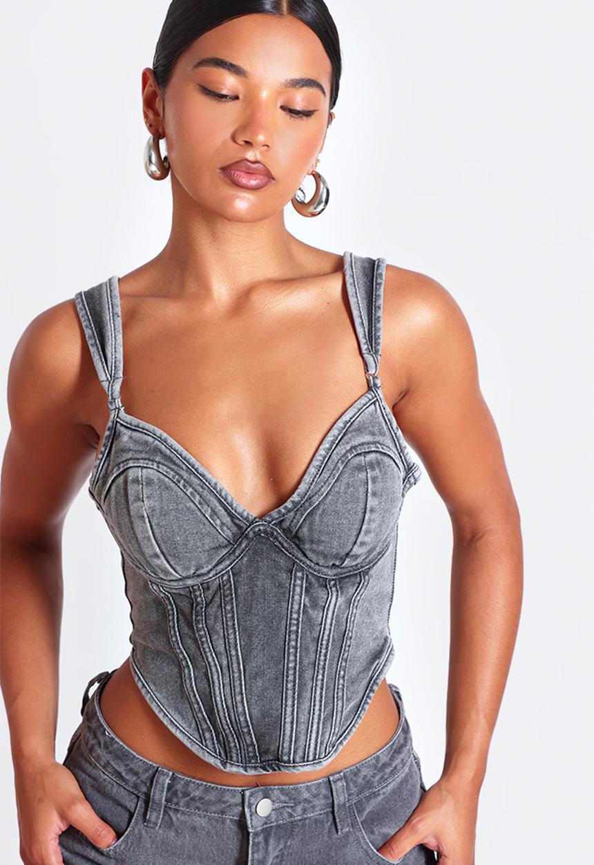 PrettyLittleThing - Dip Hem Bust Cup Denim Corset - Washed Grey