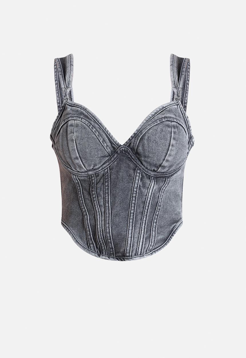 PrettyLittleThing - Dip Hem Bust Cup Denim Corset - Washed Grey