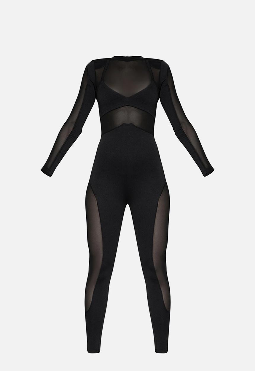 PrettyLittleThing - Long Sleeve Mesh Panelled Jumpsuit - Black
