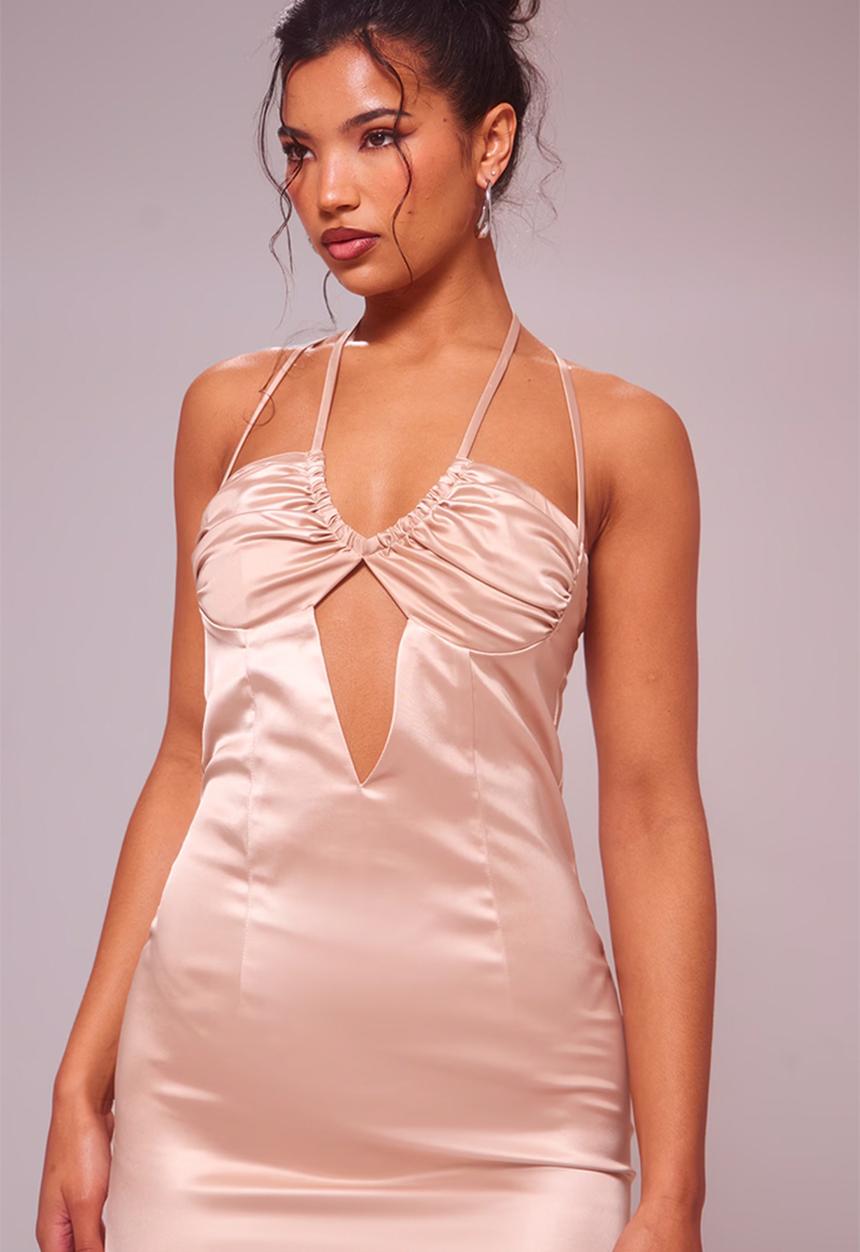 PrettyLittleThing - Satin Halter Neck Midi Dress - Neutral