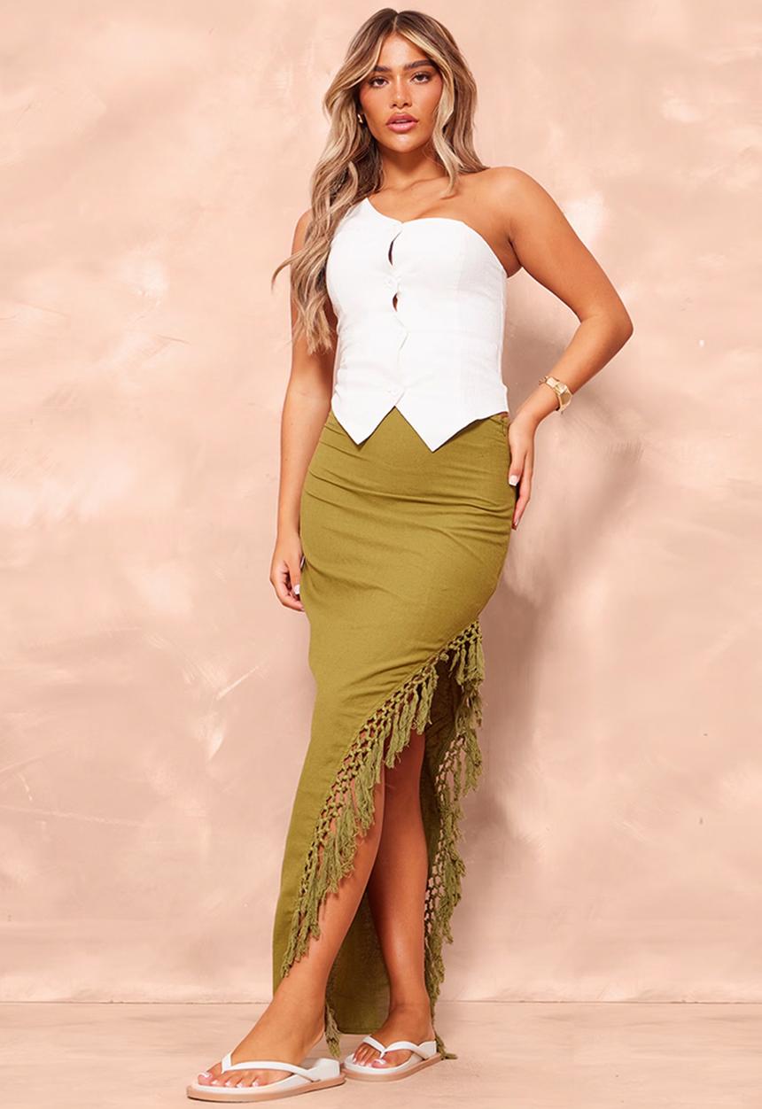 PrettyLittleThing - Linen Look Tassel Hem Thigh Split Maxi Skirt - Khaki