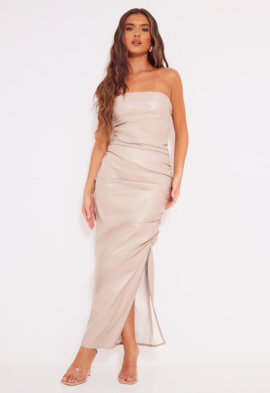 PrettyLittleThing - Faux Leather Bandeau Maxi Dress - Stone