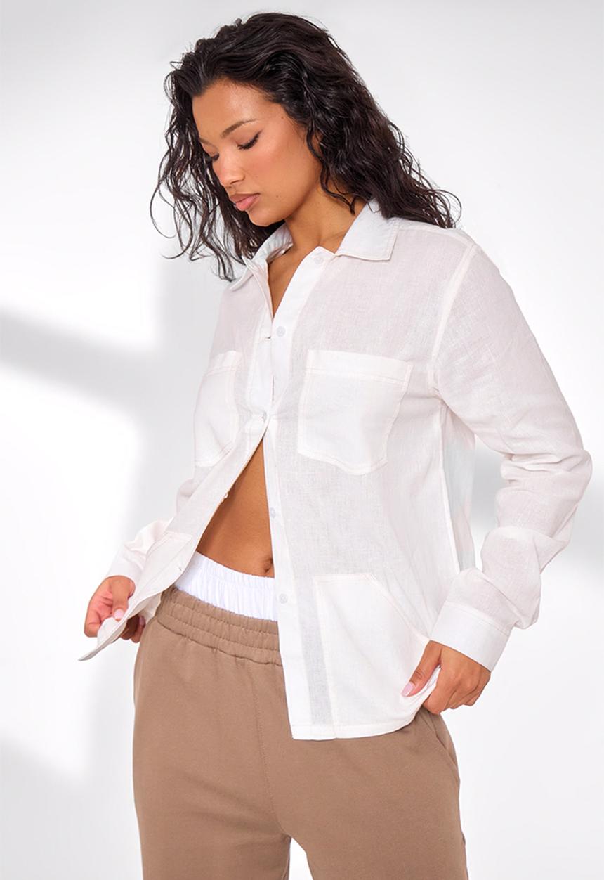 PrettyLittleThing - Contrast Stitch Long Sleeve Shirt - Ecru