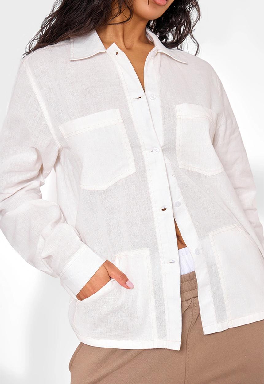 PrettyLittleThing - Contrast Stitch Long Sleeve Shirt - Ecru