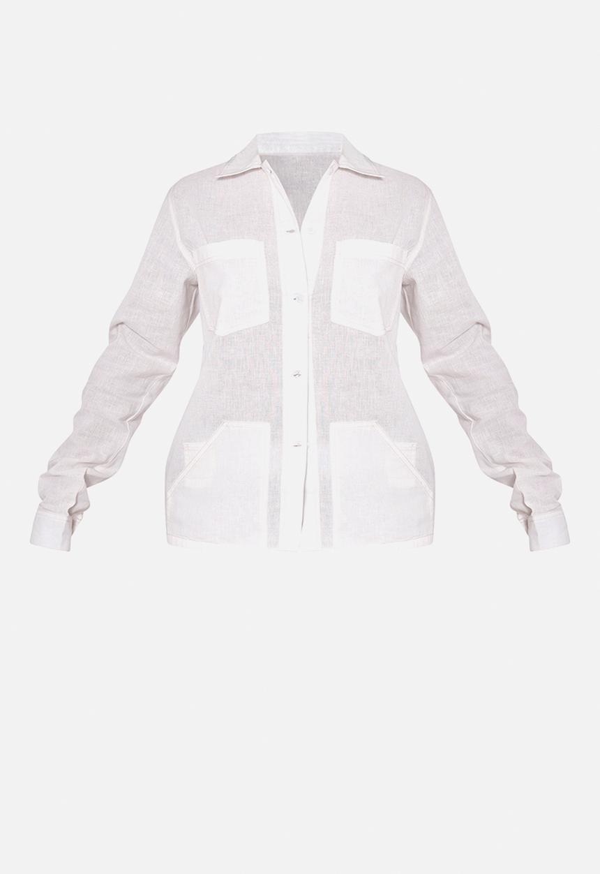PrettyLittleThing - Contrast Stitch Long Sleeve Shirt - Ecru