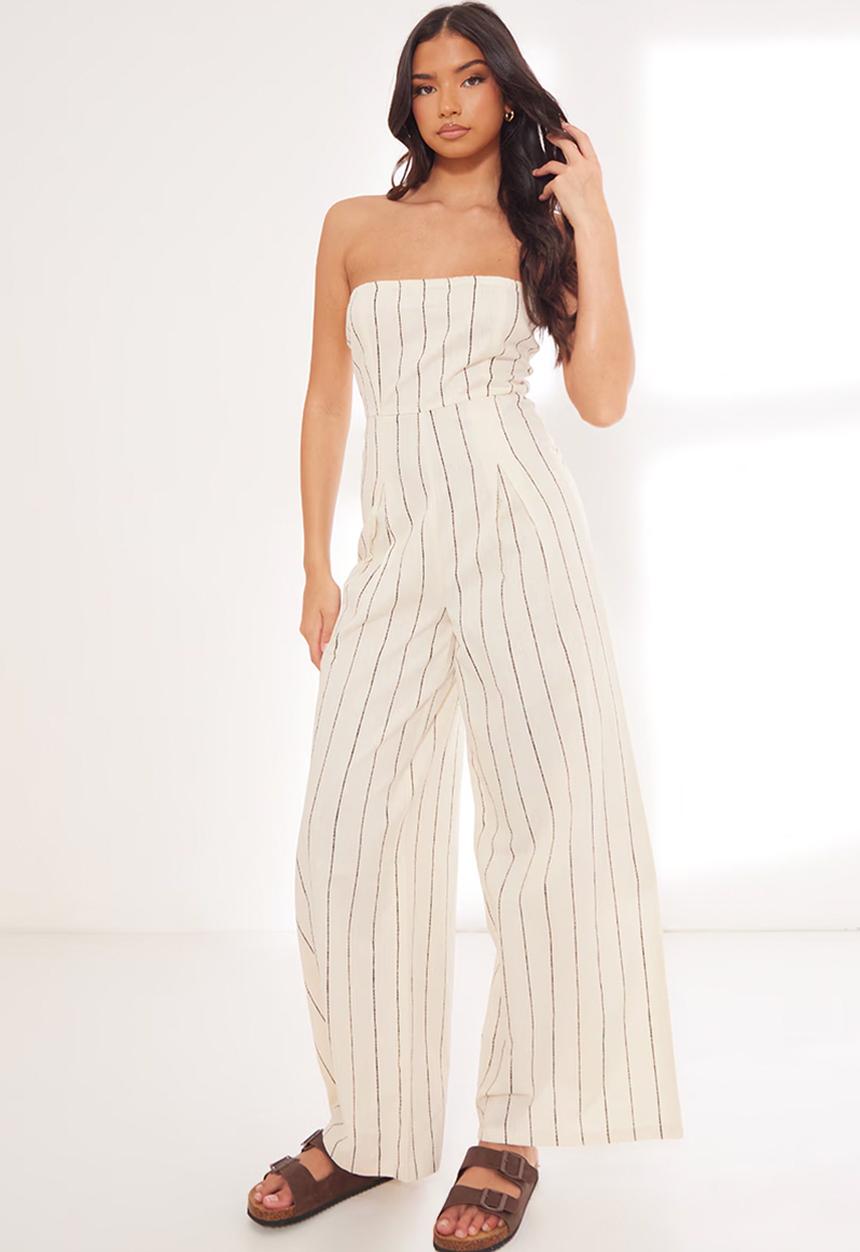 PrettyLittleThing - Stripe Bandeau Pocket Detail Jumpsuit - Stone