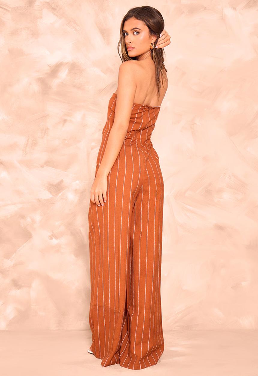 PrettyLittleThing - Stripe Bandeau Pocket Detail Jumpsuit - Rust