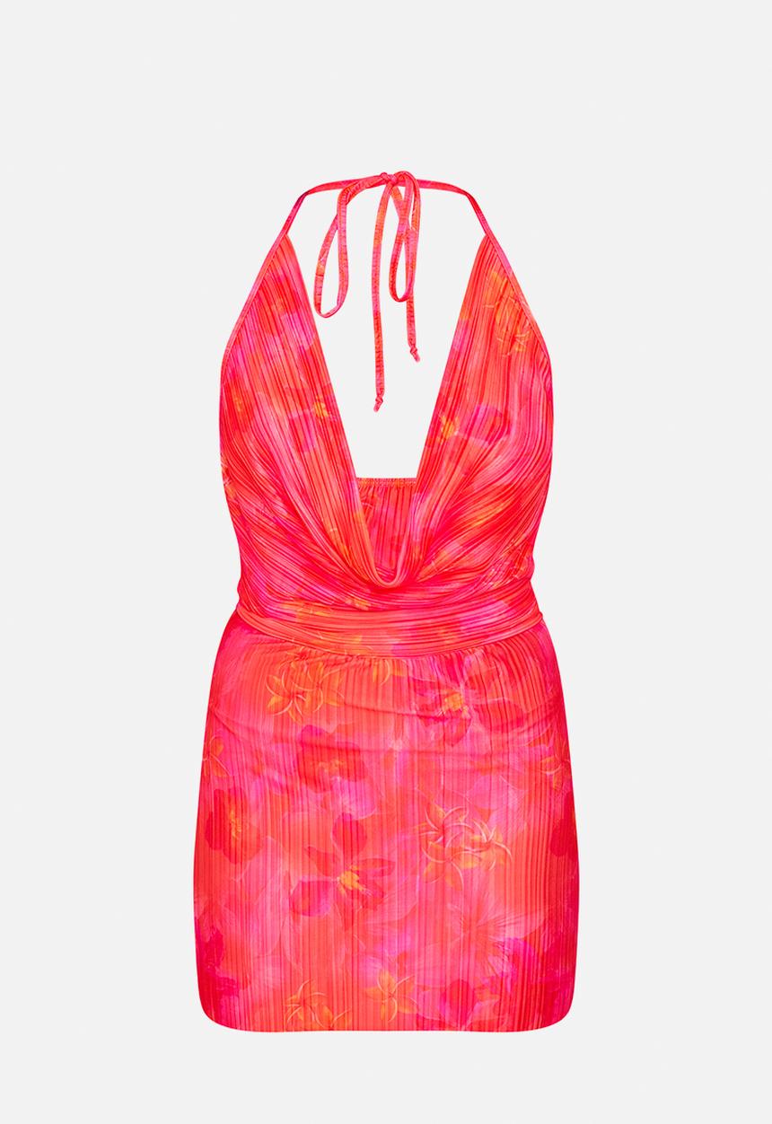 PrettyLittleThing - Printed Plisse Cowl Neck Mini Dress - Pink