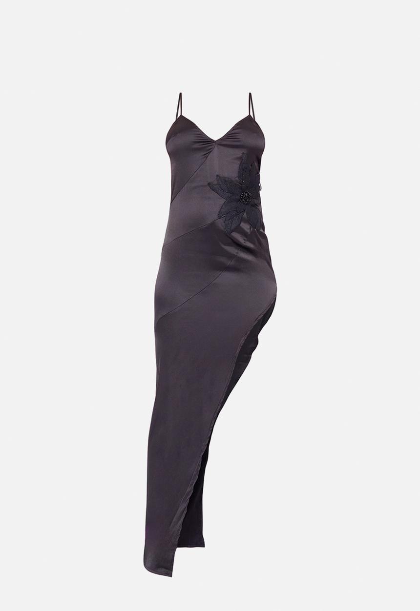 PrettyLittleThing - Satin Floral Detail Asymmetric Maxi Dress - Black