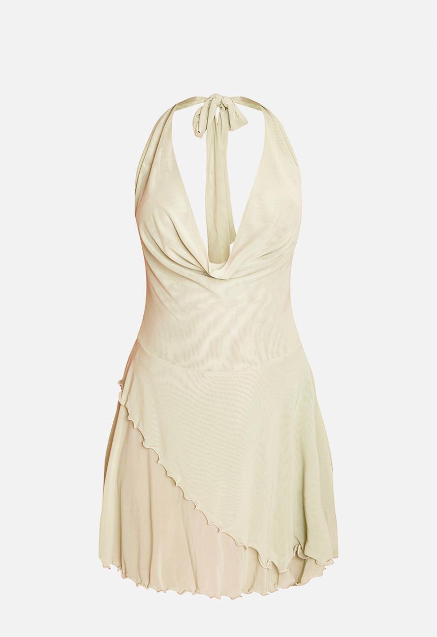 PrettyLittleThing - Mesh Draped Halterneck Cold Shoulder Mini Dress - Pale Lime