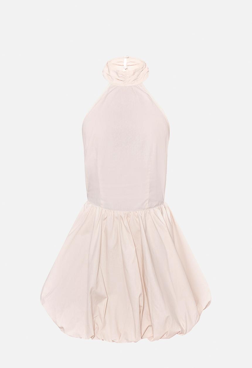 PrettyLittleThing - Woven High Neck Tie Back Puff Ball Dress - Cream