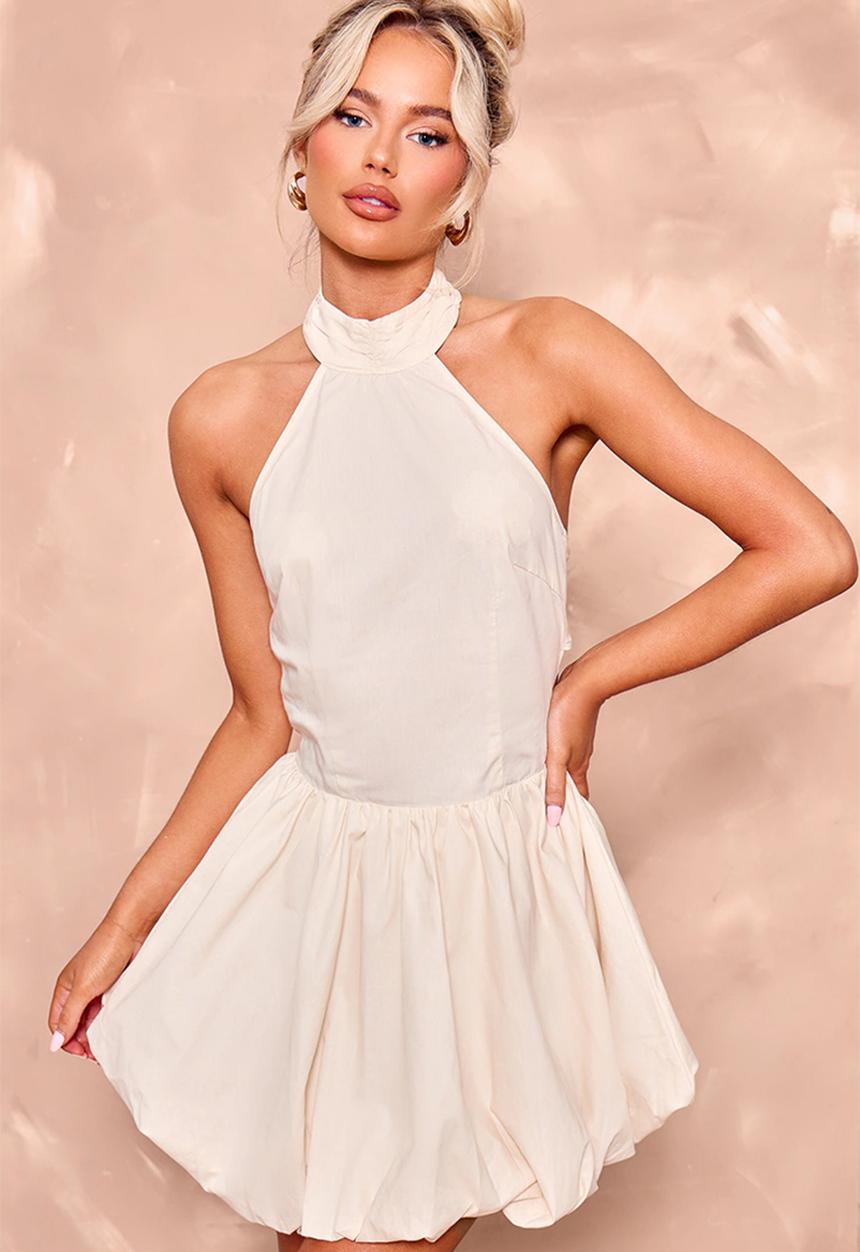 PrettyLittleThing - Woven High Neck Tie Back Puff Ball Dress - Cream