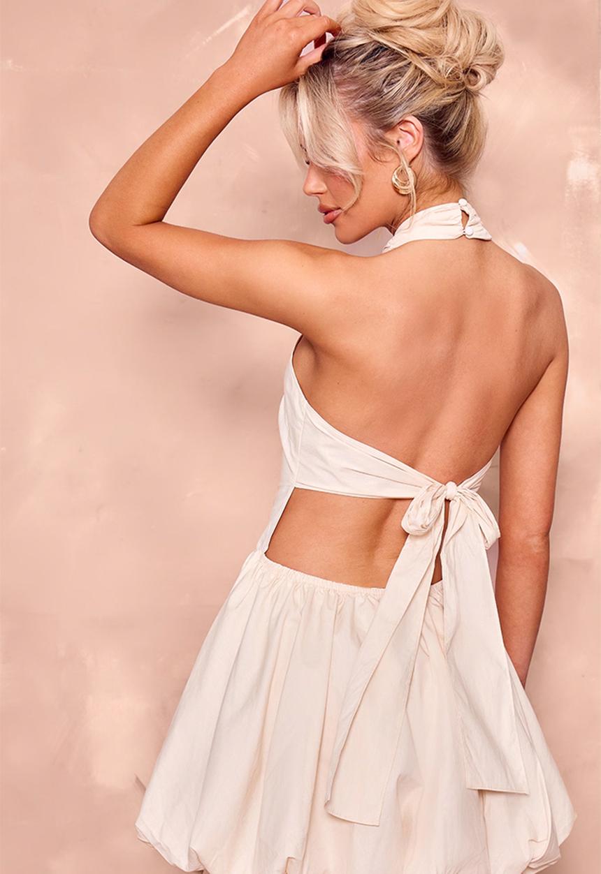 PrettyLittleThing - Woven High Neck Tie Back Puff Ball Dress - Cream