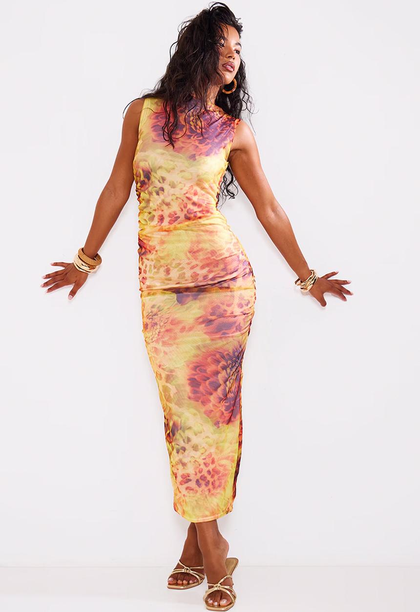 PrettyLittleThing - Abstract Leopard Print Mesh Maxi Dress - Lime