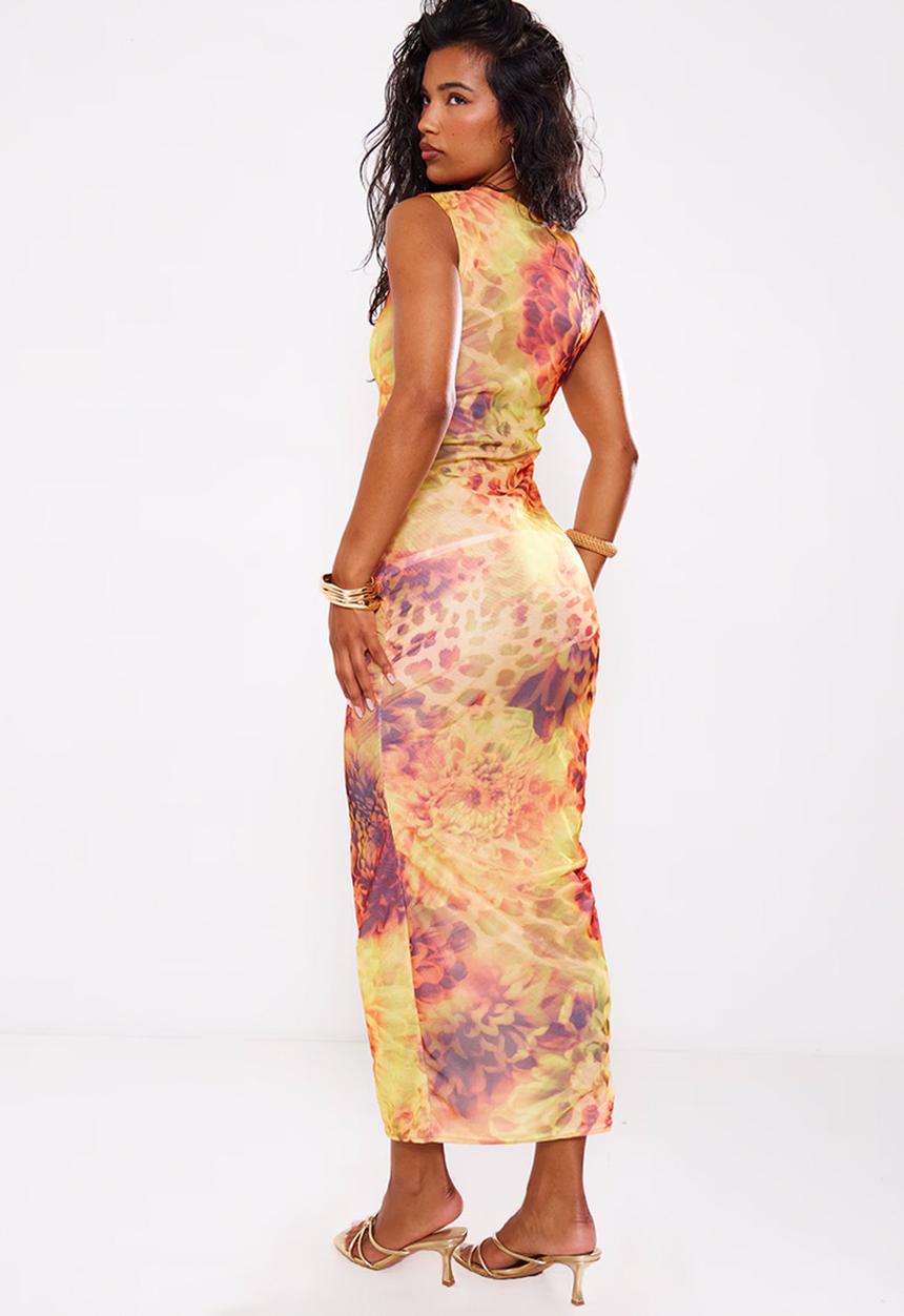 PrettyLittleThing - Abstract Leopard Print Mesh Maxi Dress - Lime