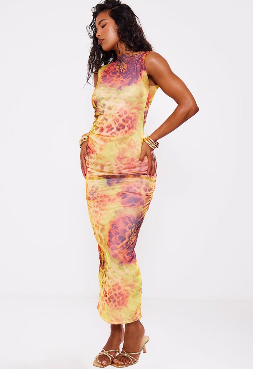 PrettyLittleThing - Abstract Leopard Print Mesh Maxi Dress - Lime