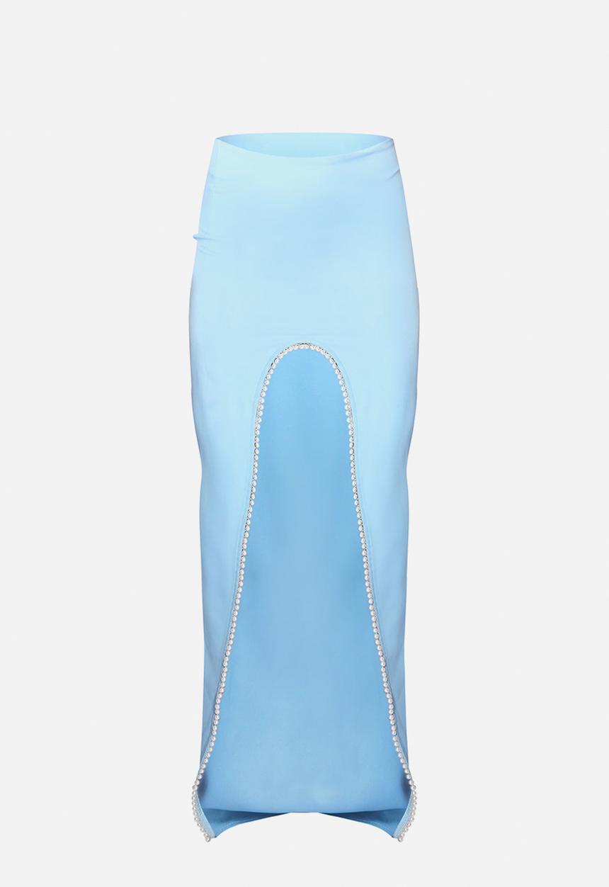PrettyLittleThing - Pearl Thigh Trim Woven Maxi Skirt - Baby Blue