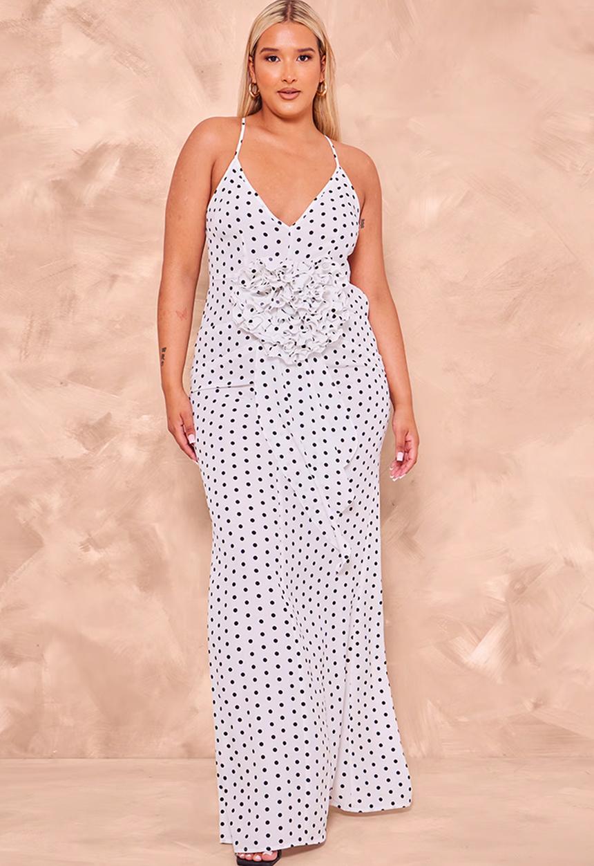 PrettyLittleThing - Plus White Polka Dot Satin Rose Detail Maxi Dress - White