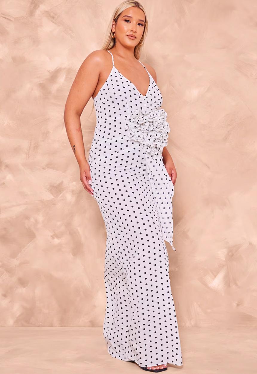 PrettyLittleThing - Plus White Polka Dot Satin Rose Detail Maxi Dress - White
