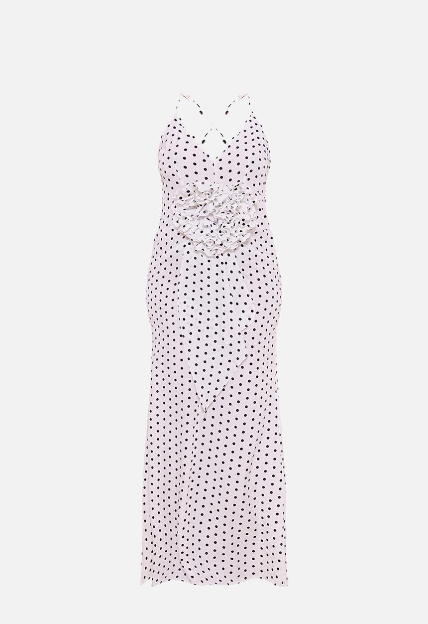 PrettyLittleThing - Plus White Polka Dot Satin Rose Detail Maxi Dress - White