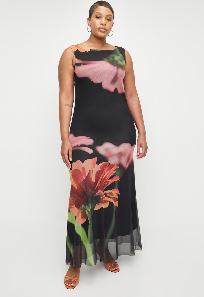 Me&B - Plus Sleeveless Mesh Dress In Sunset Flower - Sunsetflower