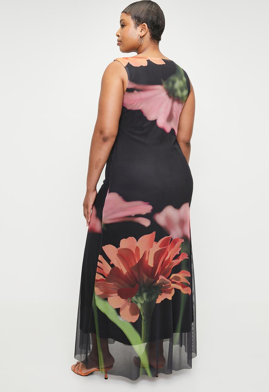 Me&B - Plus Sleeveless Mesh Dress In Sunset Flower - Sunsetflower