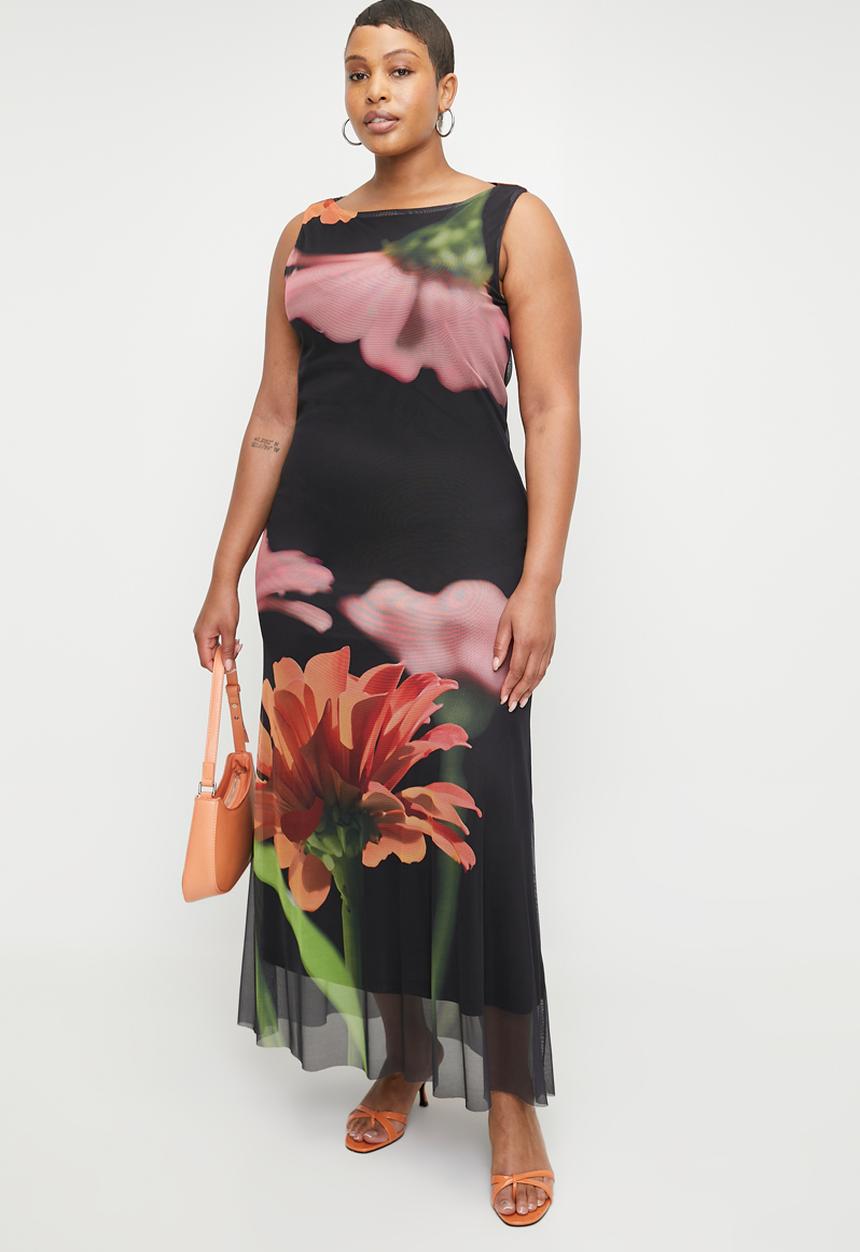 Me&B - Plus Sleeveless Mesh Dress In Sunset Flower - Sunsetflower