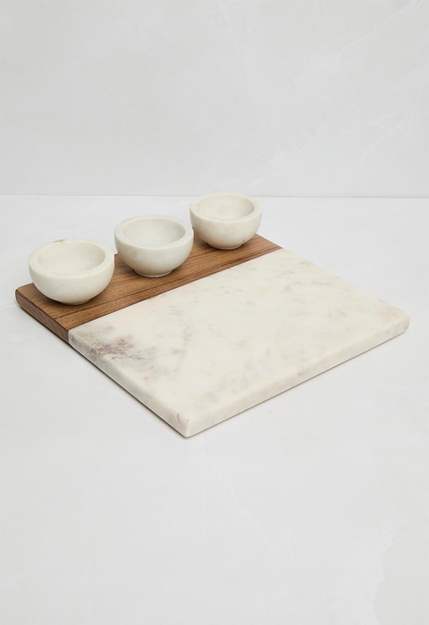 Sixth Floor - Marble & mango wood with 3 tapas mini bowls - white