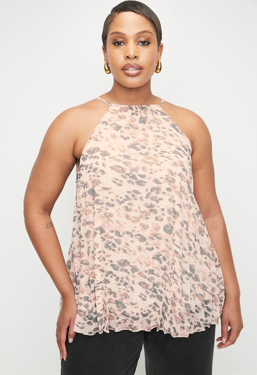 VELVET - Chiffon pleated trapeze halter shell plus - smokey spot leopard