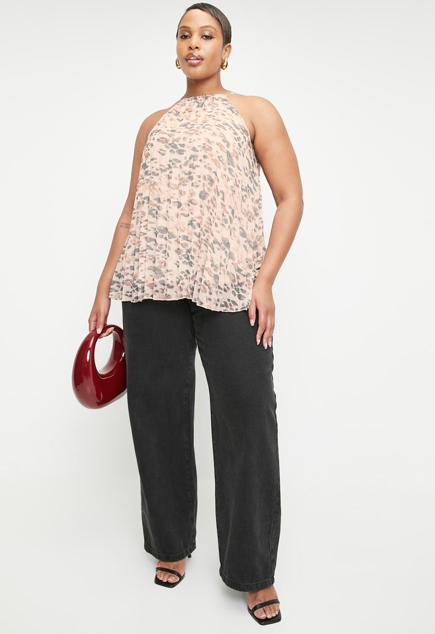 VELVET - Chiffon pleated trapeze halter shell plus - smokey spot leopard