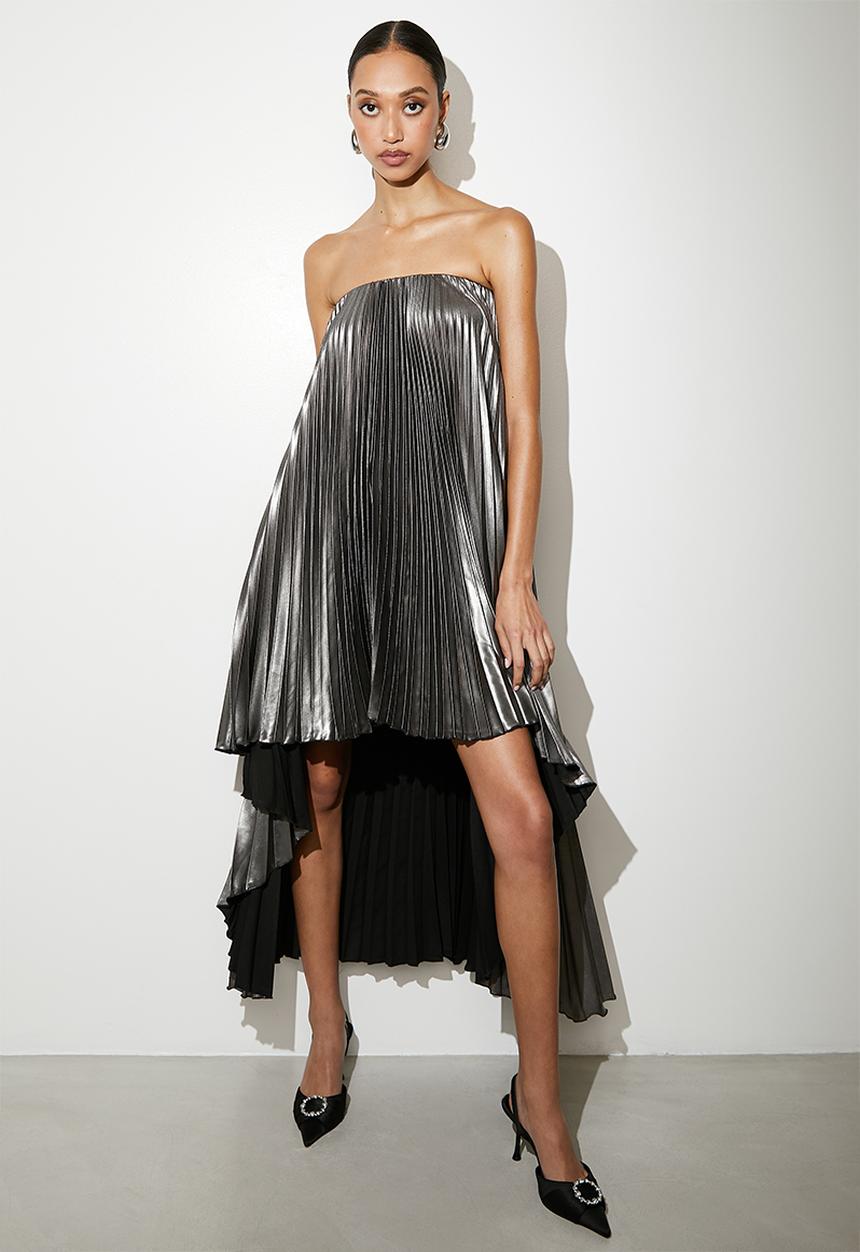 VELVET - Pleated high low trapeze dress - black/silver