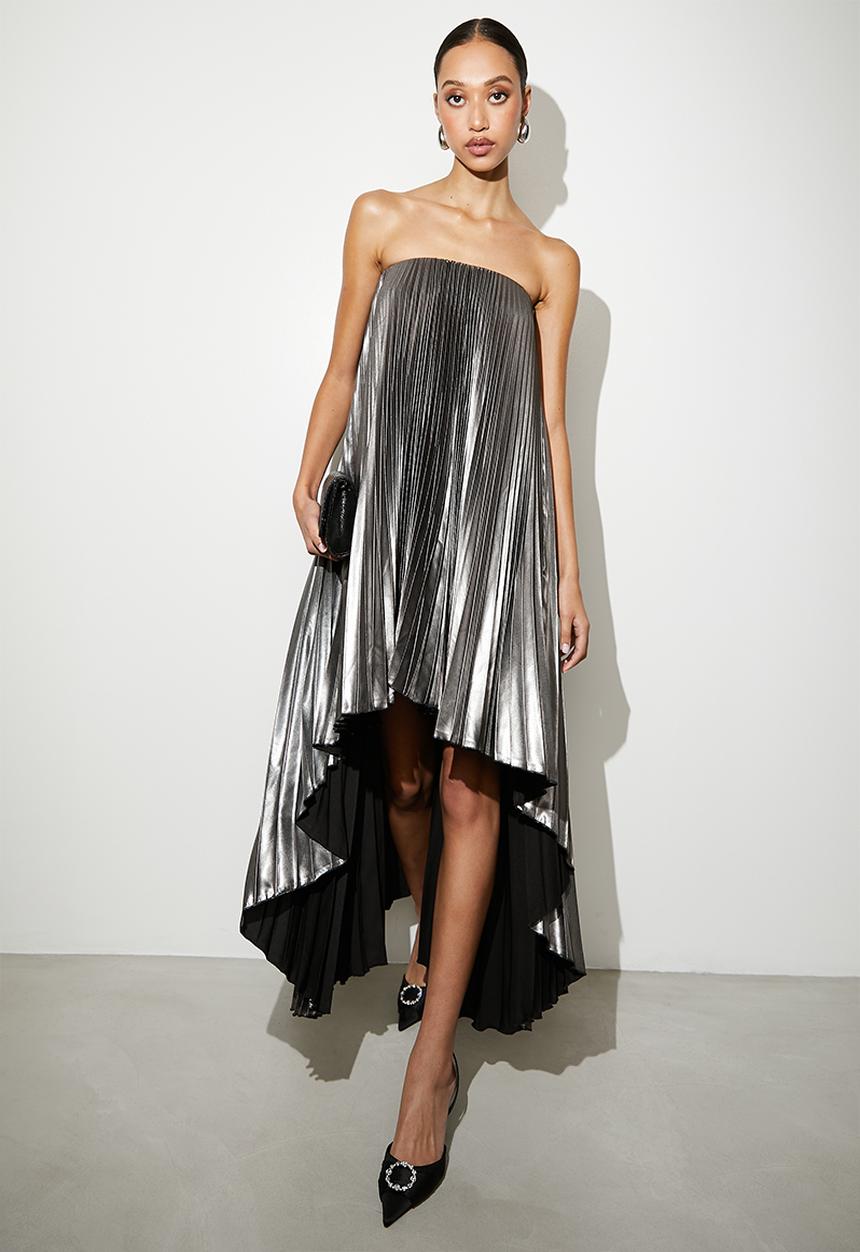 VELVET - Pleated high low trapeze dress - black/silver