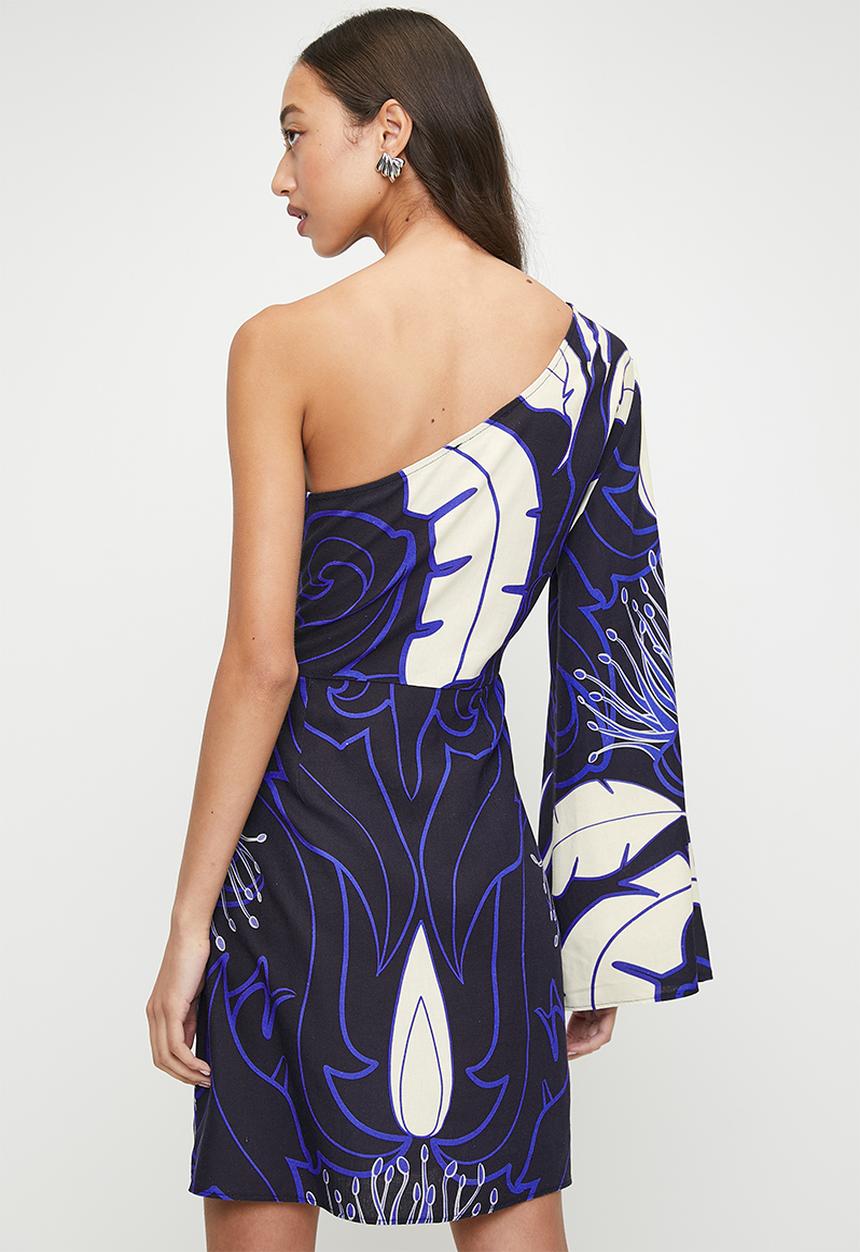 Superbalist - Statement sleeve mini shift dress - blue damascus macro leaf