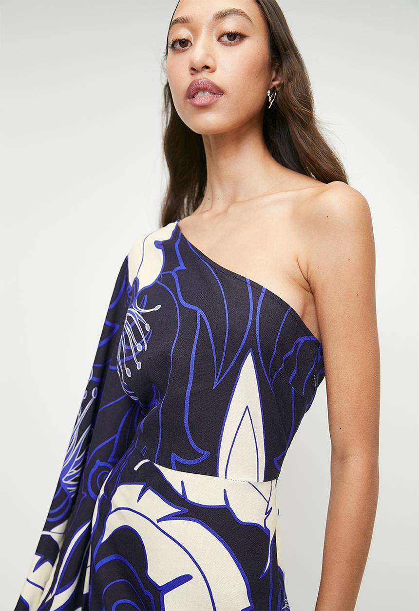Superbalist - Statement sleeve mini shift dress - blue damascus macro leaf