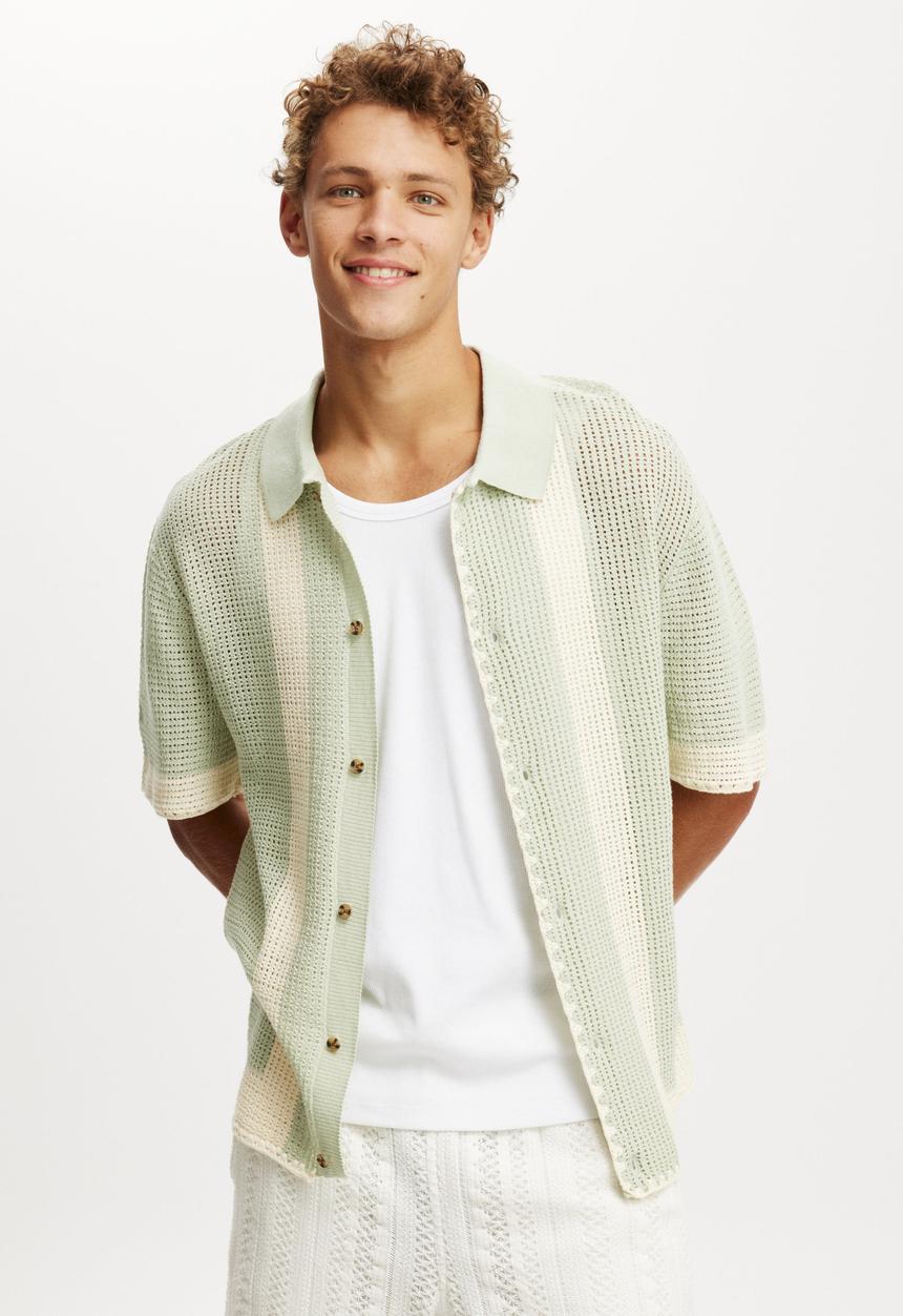 Cotton On - Pablo Short Sleeve Shirt - Seafoam Retro Stripe