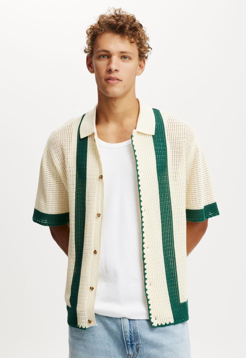 Cotton On - Pablo Short Sleeve Shirt - Green Retro Stripe