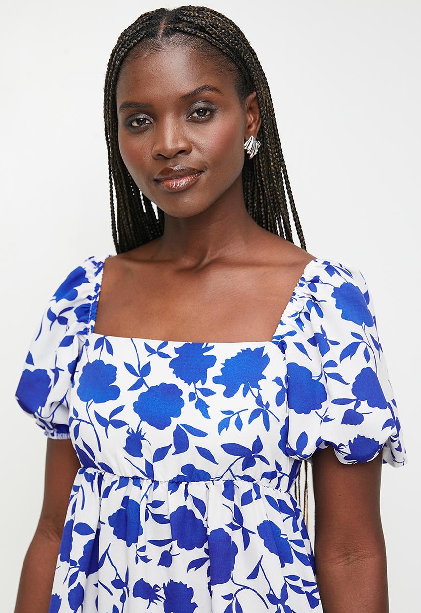 MILLA - Puff sleeve mini fit & fllare dress - blue elementary painted floral aop