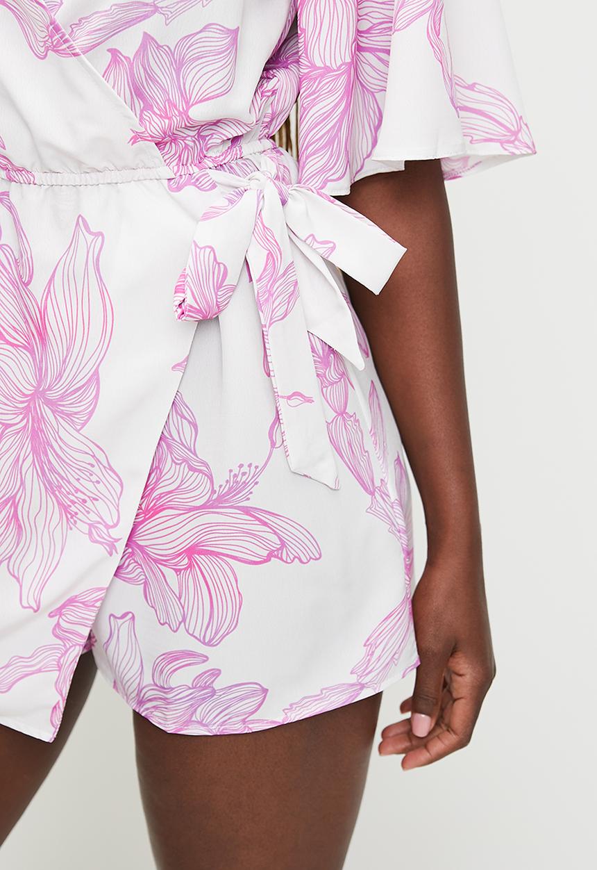 MILLA - Wrap Bodice with Skort Playsuit - Line Drawn Pink Floral