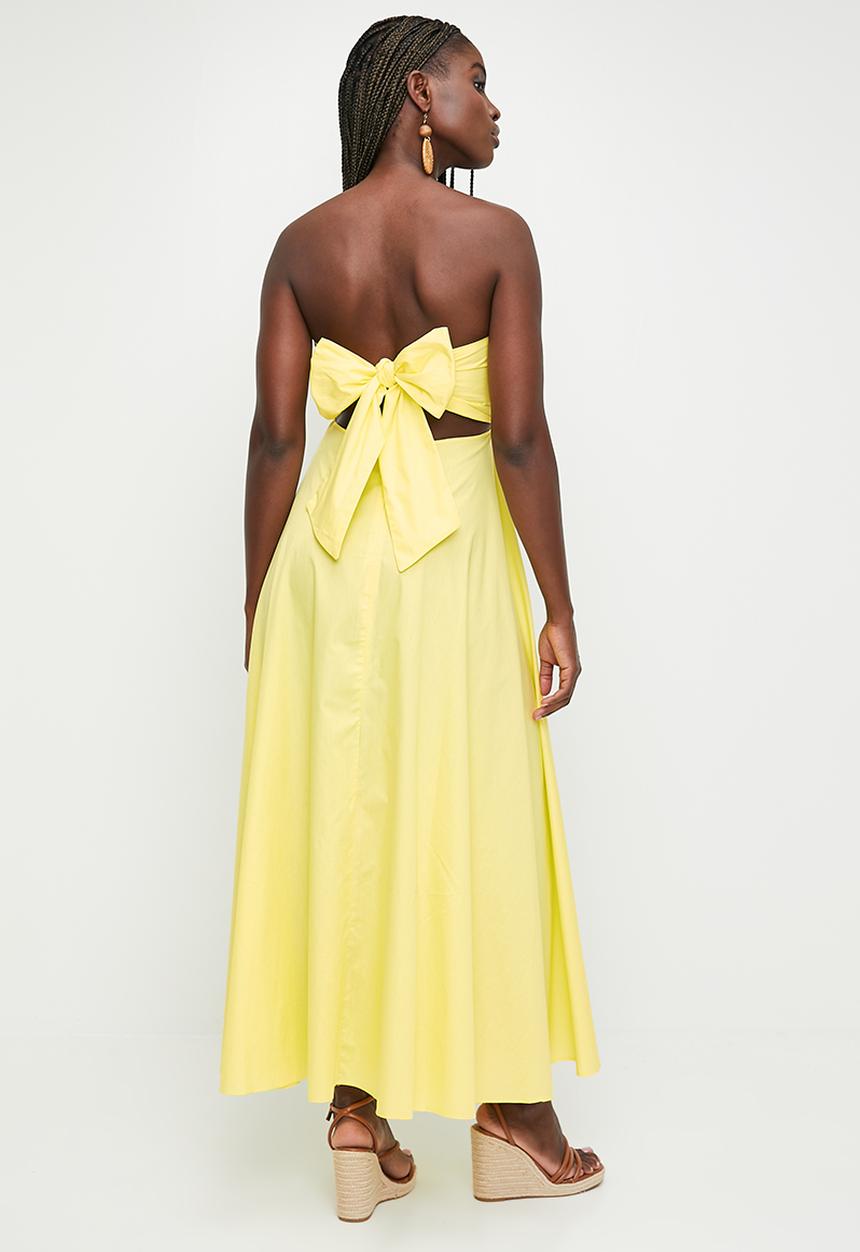 MILLA - Linen Blend Tie Back Bandeau Maxi Dress - Pale Yellow