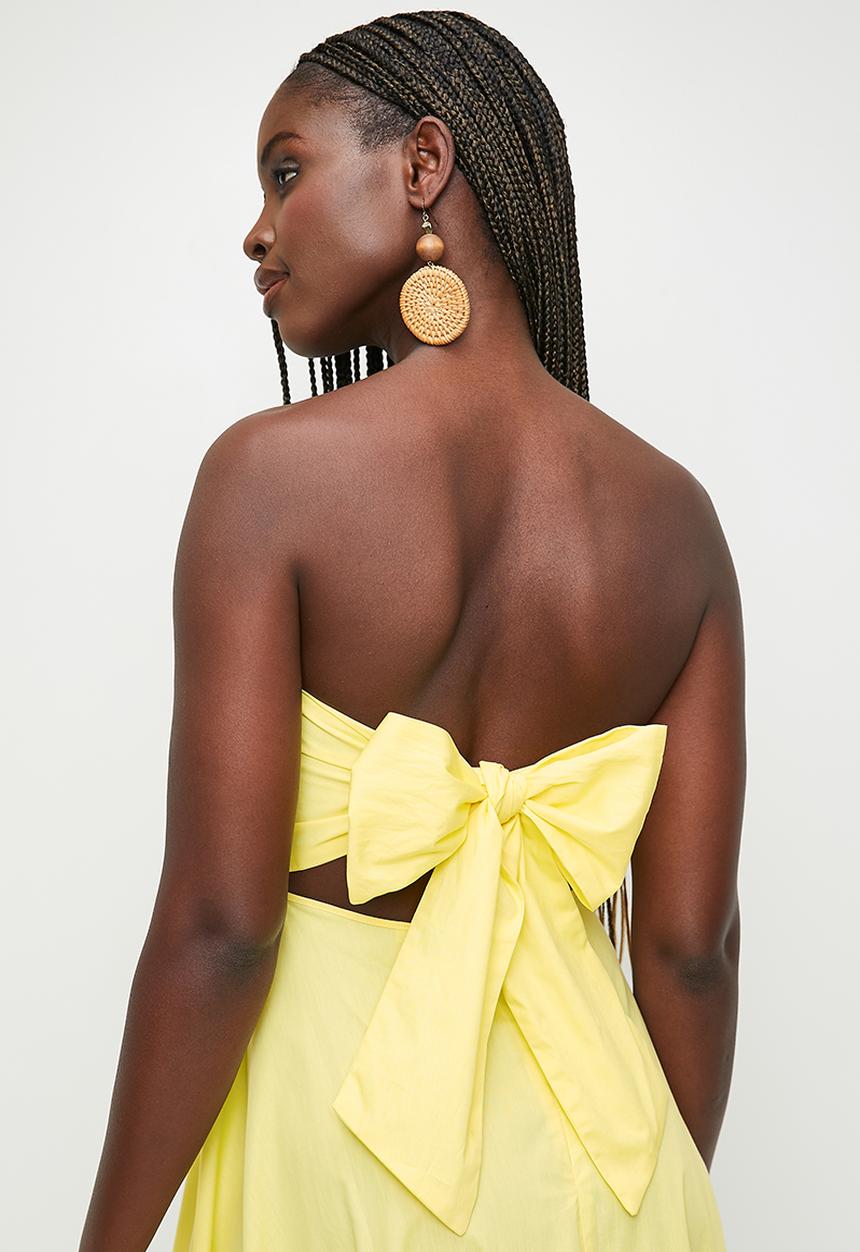 MILLA - Linen Blend Tie Back Bandeau Maxi Dress - Pale Yellow